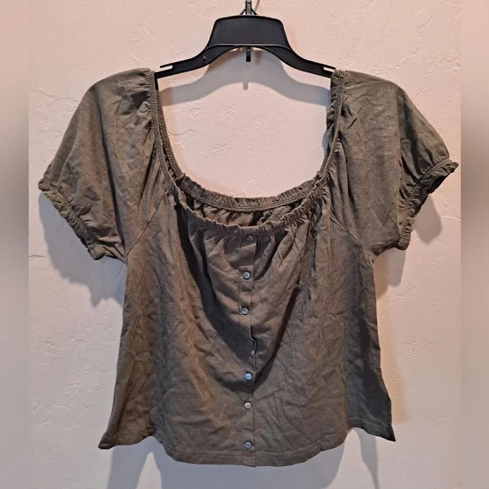 American Eagle Outfitters Puff Sleeve Square Neck Button Crop